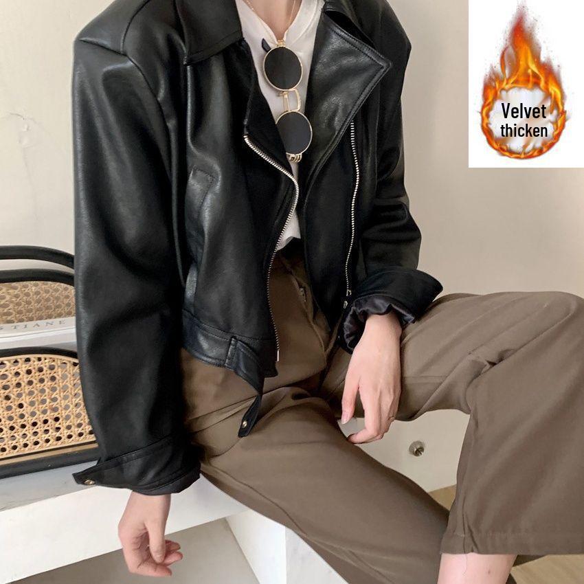 2025 Autumn Women's Petite Slimming Leather Jacket with Versatile Lapel Design