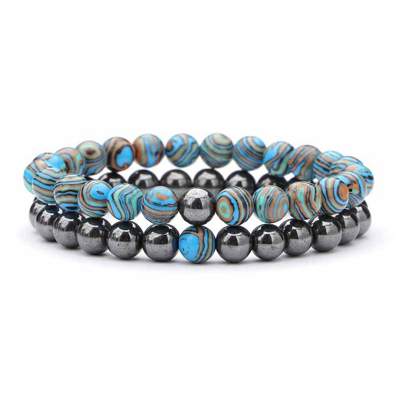 2 pieces/set of natural stone bracelet couple classic black matte blue malachite bracelet, suitable for men and women best gift