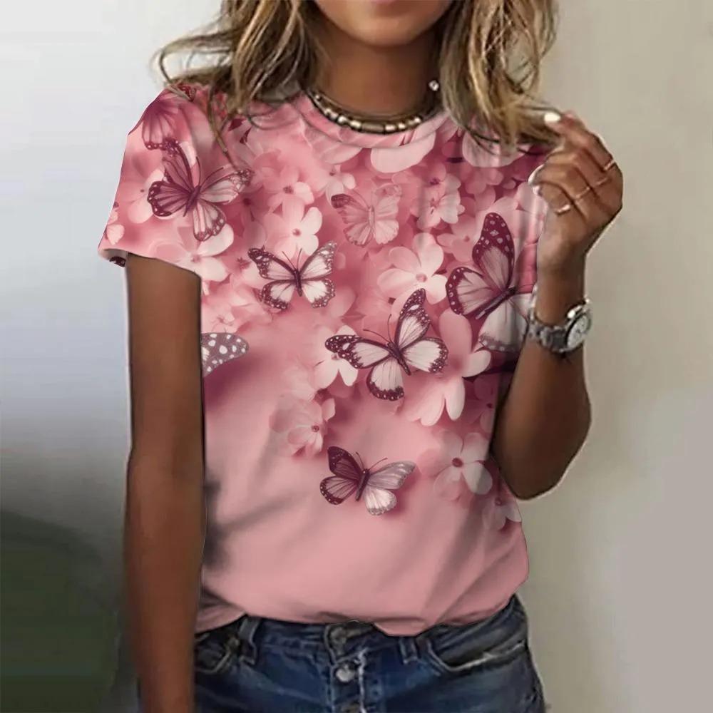 T-shirt da donna estiva a girocollo con stampa fantasia farfalla 3D, alla moda e casual a maniche corte