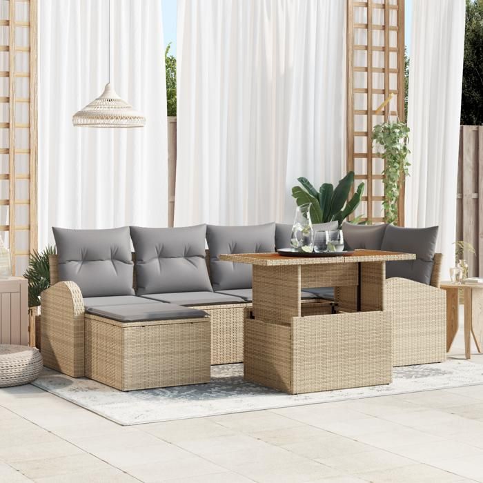 VidaXL Ensemble de salle à manger de jardin 7 pièces avec coussins Beige Poly Rattan Acacia 3349608