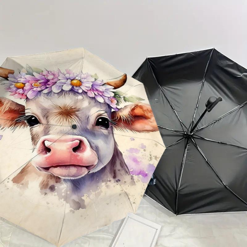 1pc cow, floral Automatic Open/Close Umbrella Compact Folding Umbrella with 8-Rib Shaft for Women/Men, Elegant Birthday1324S