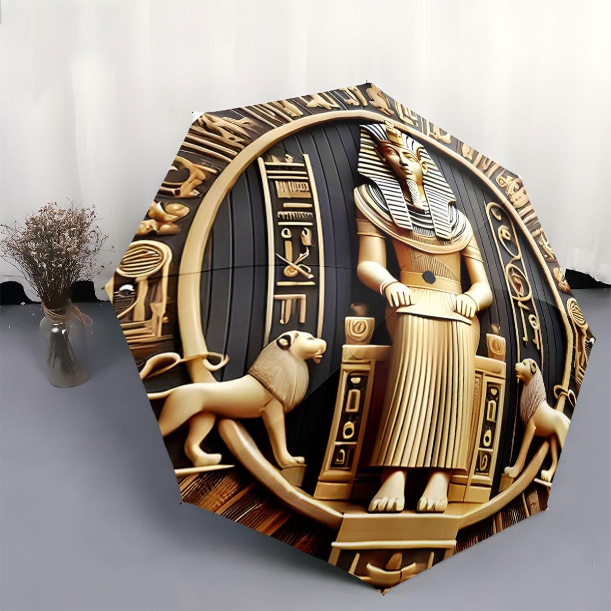 

1pc Egyptian Pharaoh Umbrella with Hieroglyphs & Lions - Automatic Open/Close, Portable Collapsible Design, 8-Rib Sturdy Frame