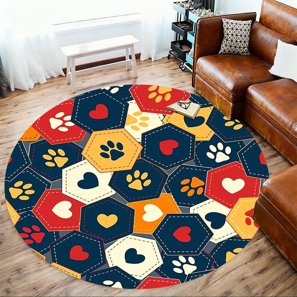 1pc Paw Print Heart Round Chair Mat Area Rug - Non-Slip, Floor Mat for Office, Bedroom, and Indoor Decor -1002217