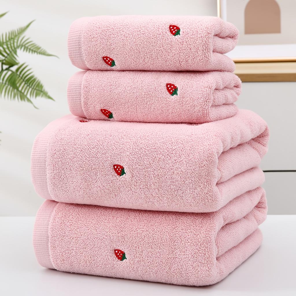 2pcs EverShine Cotton Bath Towel Set Embroidered Strawberries, Ultra Absorbent Woven Towels for Bathroom, SPA, Swimming, Gym