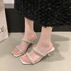 Women's  Square Toe Outside Open Toe Stiletto Flip Flops Summer  Rhinestone Anti-Slip Wear-Resistant High Heels