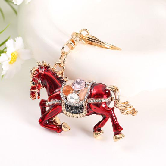 Keychain Sparkling Rhinestones Inlaid Galloping Horse Design Keychain Pendant Enamel Oil Drip Process Smooth Edges Spring Buckle Key Holder Backpacks