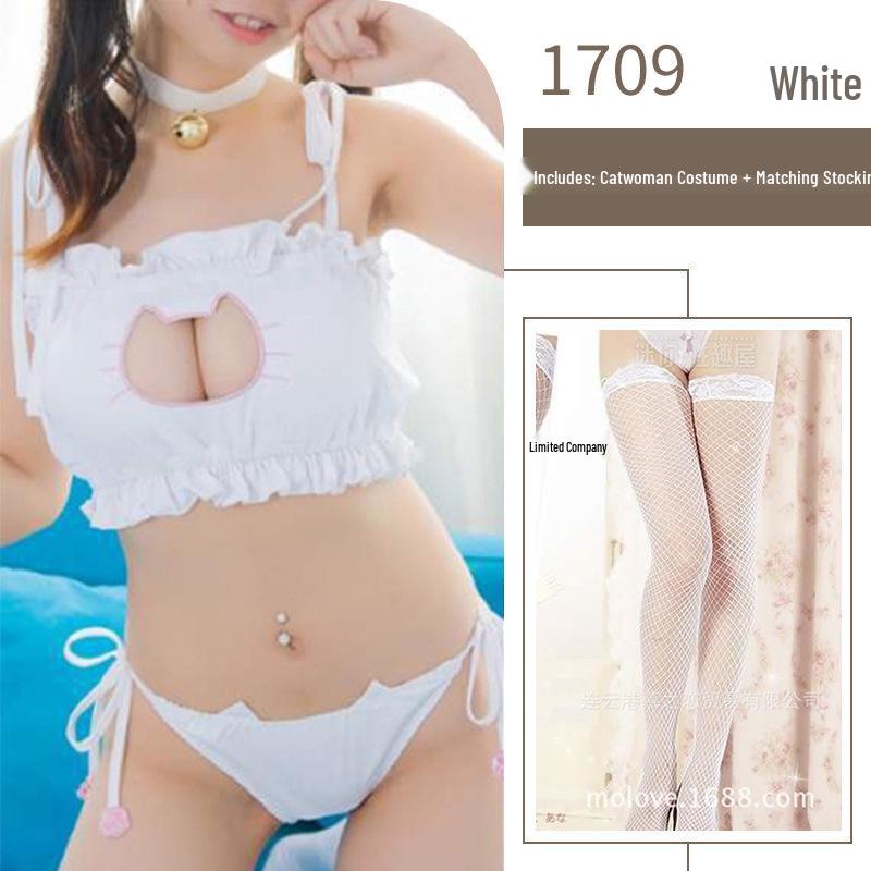 Mulanqing Sexy Open Cup Cat Maid Lingerie Set - COS Role Play Thong Costume