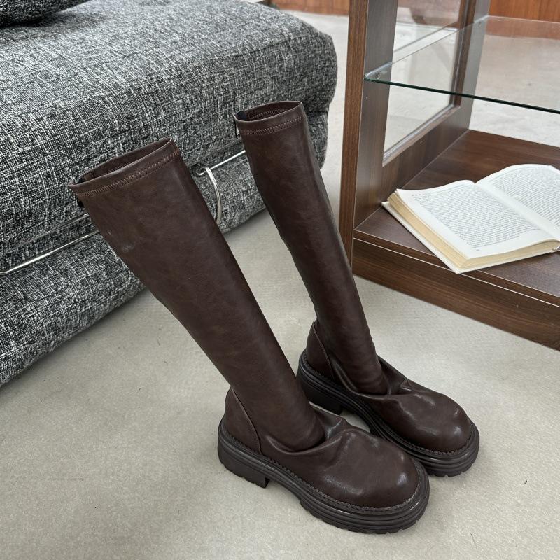 

Виноградная мать осень и зима новые модели показывают ноги тонкие эластичные плиссированные круглый носок толстый каблук на меху тонкие полусапоги рыцарские сапоги женские 40