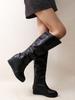 Autumn Winter Fleece-Lined Elegant Heeled Ladies Knee High Shaft Shoes Demi-season Black Leather Round Toe Women's Long Boots