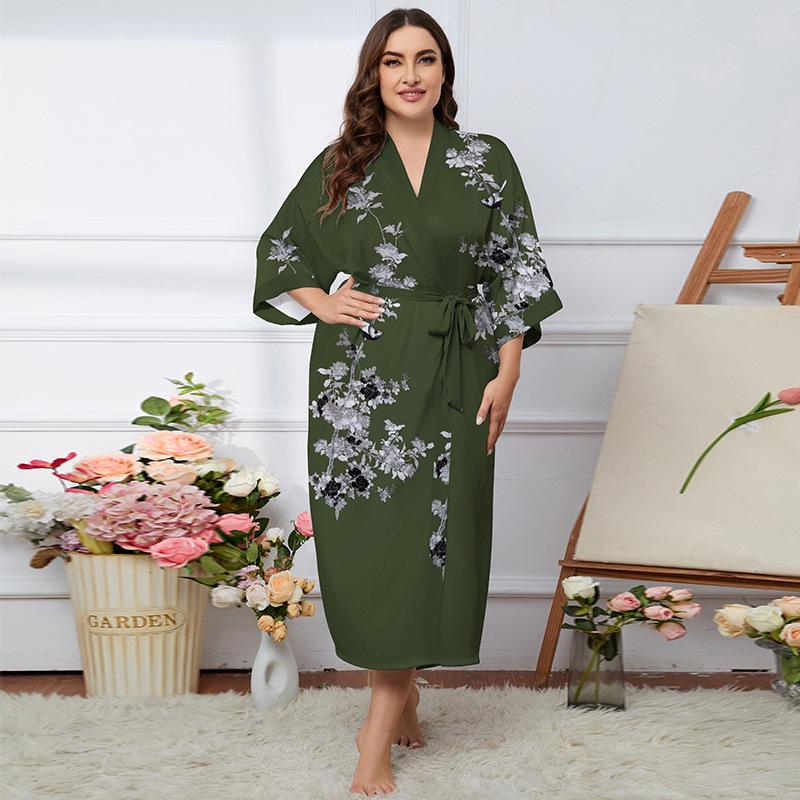 

Летний пижамный комплект из сатина большого размера и халат для женщин - Легкий люкс Ледяной шелк One Size (fits up to 180 jin)