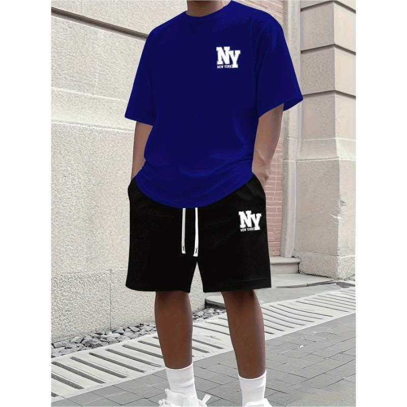 Men's Summer 2-piece Set, Short Sleeved Round Neck T-shirt and Elastic Waist Shorts
