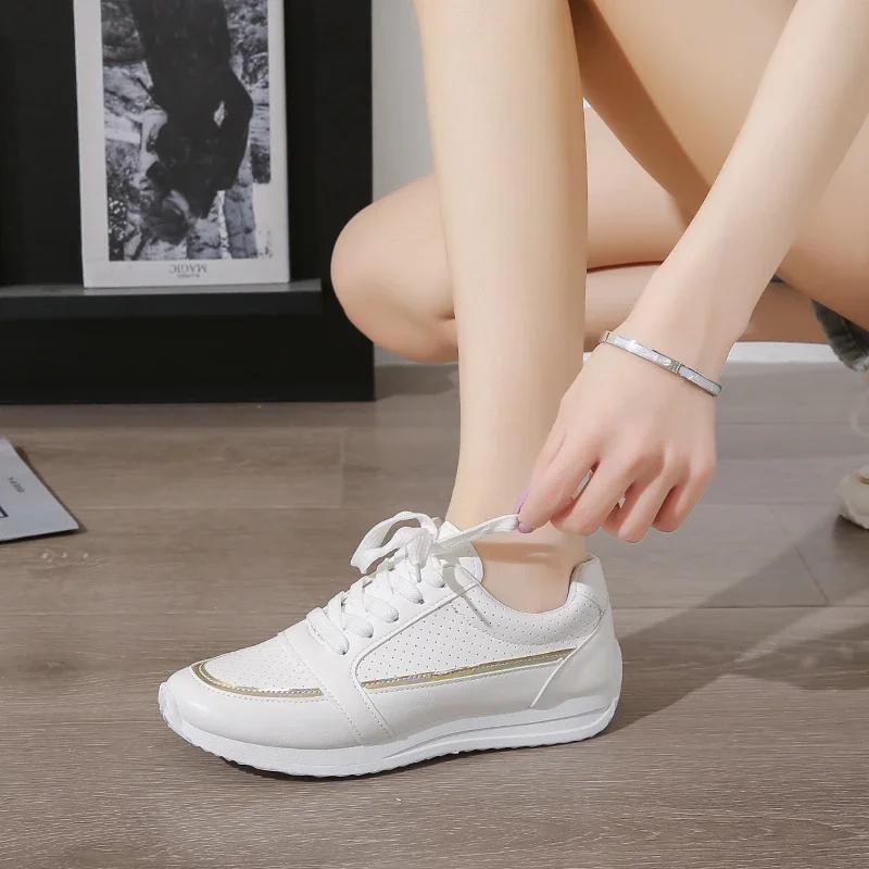 Women Sneakers Fashion Breathble Vulcanized Shoes Pu Leather Platform Shoes White Lace Up Casual Shoes