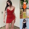 Moda feminina sexy mini vestidos sólido cinta de espaguete sem costas rendas até fino ajuste fenda vestido vermelho preto