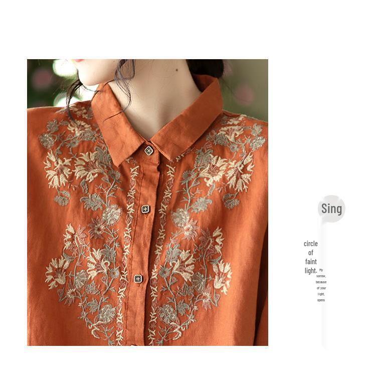 Retro Ethnic Embroidered Cotton Linen Blouse - Women's Long Sleeve, Spring 2025.