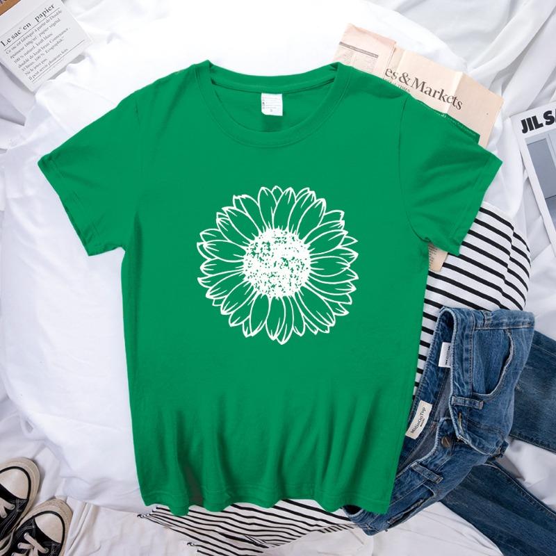 Spring Women's Simple Monochrome Sunflower Pattern Printed Pullover Loose Round Neck Pure Cotton Short Sleeved T-Shirts Women’s