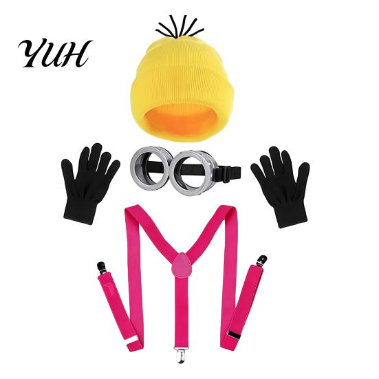 Adjustable Elastic Suspenders Knit Hat Costume Set, Retro Round Glasses Gloves, Halloween Party Comic Exhibition Cosplay Gear Accessories Kit