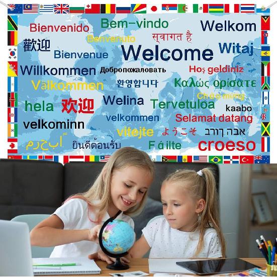 International Welcome Banner Decorations 52 World Country Flags Around the World Multicultural Decor - Large Welcome Backdrop Banner with 32