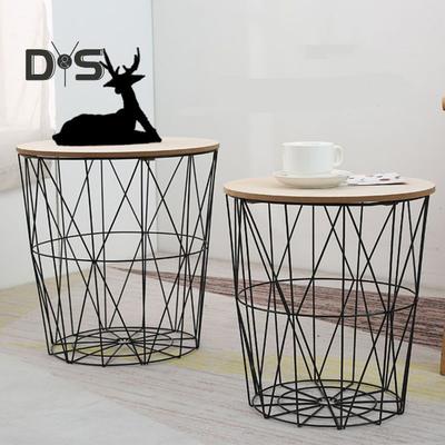 Round Coffee Table with Removable Wooden Lid Heavy Duty Multifunctional Home Office Living Room Bedroom Book Toys Blanket Metal Storage Basket