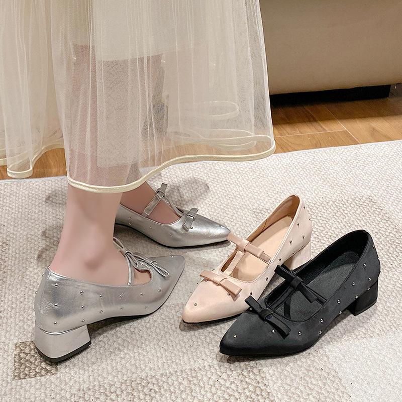 French Inner Heightening Thick Heel High Heels Satin Mary Jane Women's Shoes 2025 New Spring and Summer Pointed Not Tired Feet Single Shoes