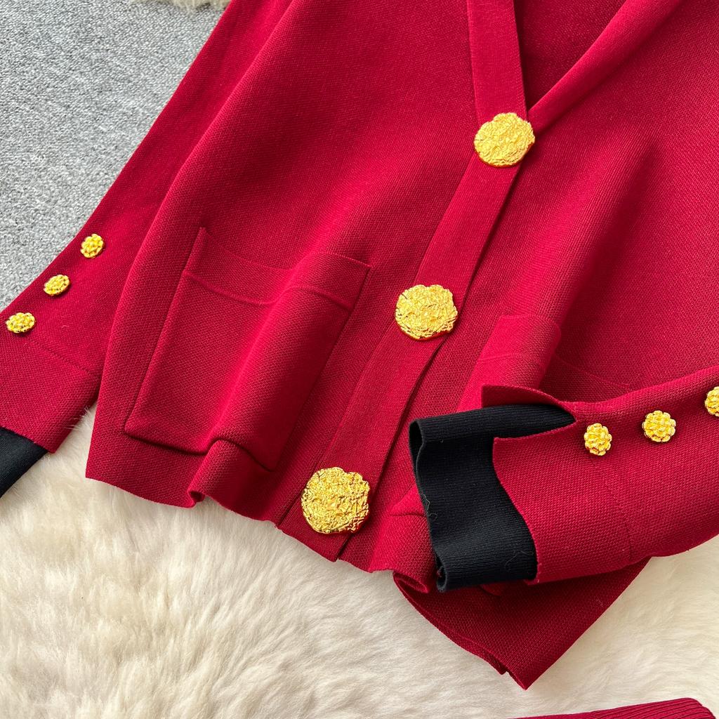 Autumn Winter Women Casual Knitted Sweater Trouser Two Piece Set Big Gold Button Single Breasted Jacket Tops and Elastic Waist Pant Tracksuit