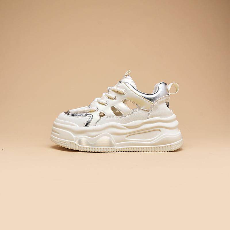 

Спортивные сандалии женские 2025 лето новые полые дышащие кроссовки папы платформа маффин повседневные на внутренней платформе увеличение роста белые туфли 34 серебряный