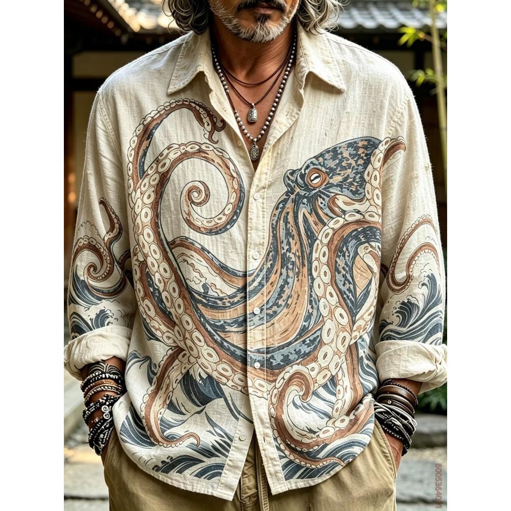 Men's Long Sleeved Shirt with Sun Rainbow Print Top, Versatile for Vacation and Travel, Fashionable and Comfortable Casual Shirt
