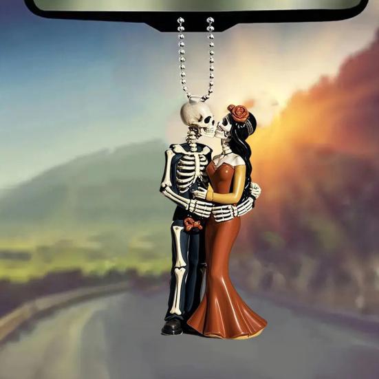 Halloween Skeleton Couple Car Pendant 2D Acrylic Rearview Mirror Hanging Decor Backpacks Charm Glow-in-Dark Keychain Parties Decoration