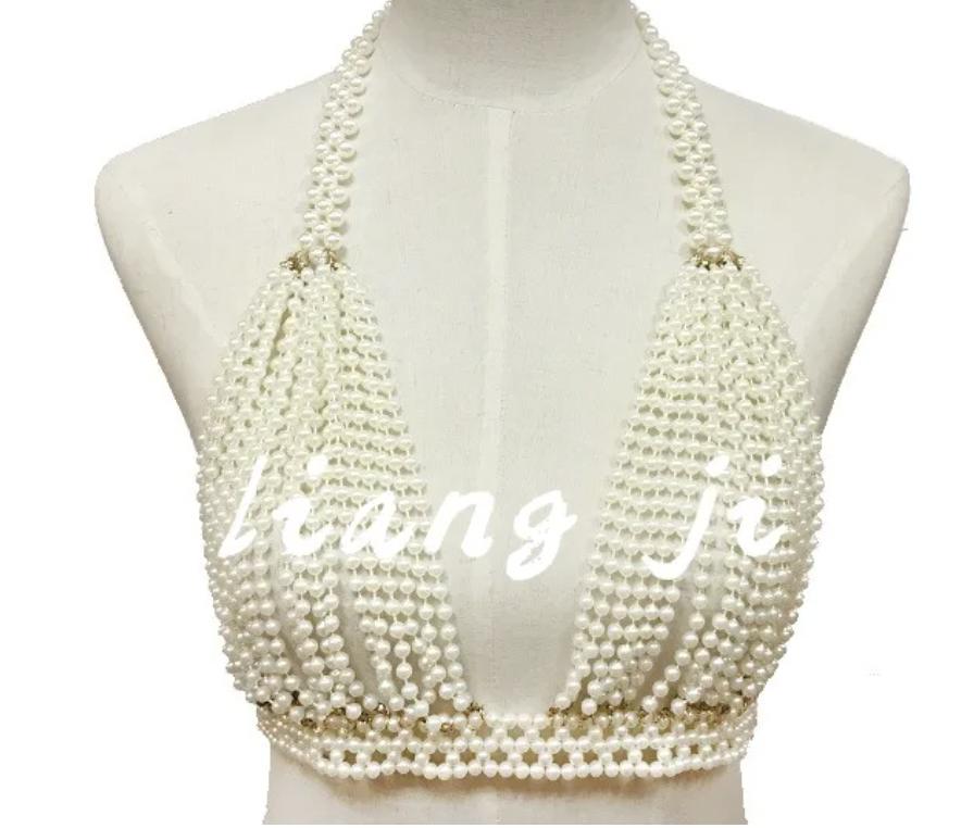 Sexy Accessoires Damen Bikini Perlen Brustkette Körperkette Schmuck Komplett Handgefertigt BH Mit Fransen Für Strand Nachtclub Taillenkette