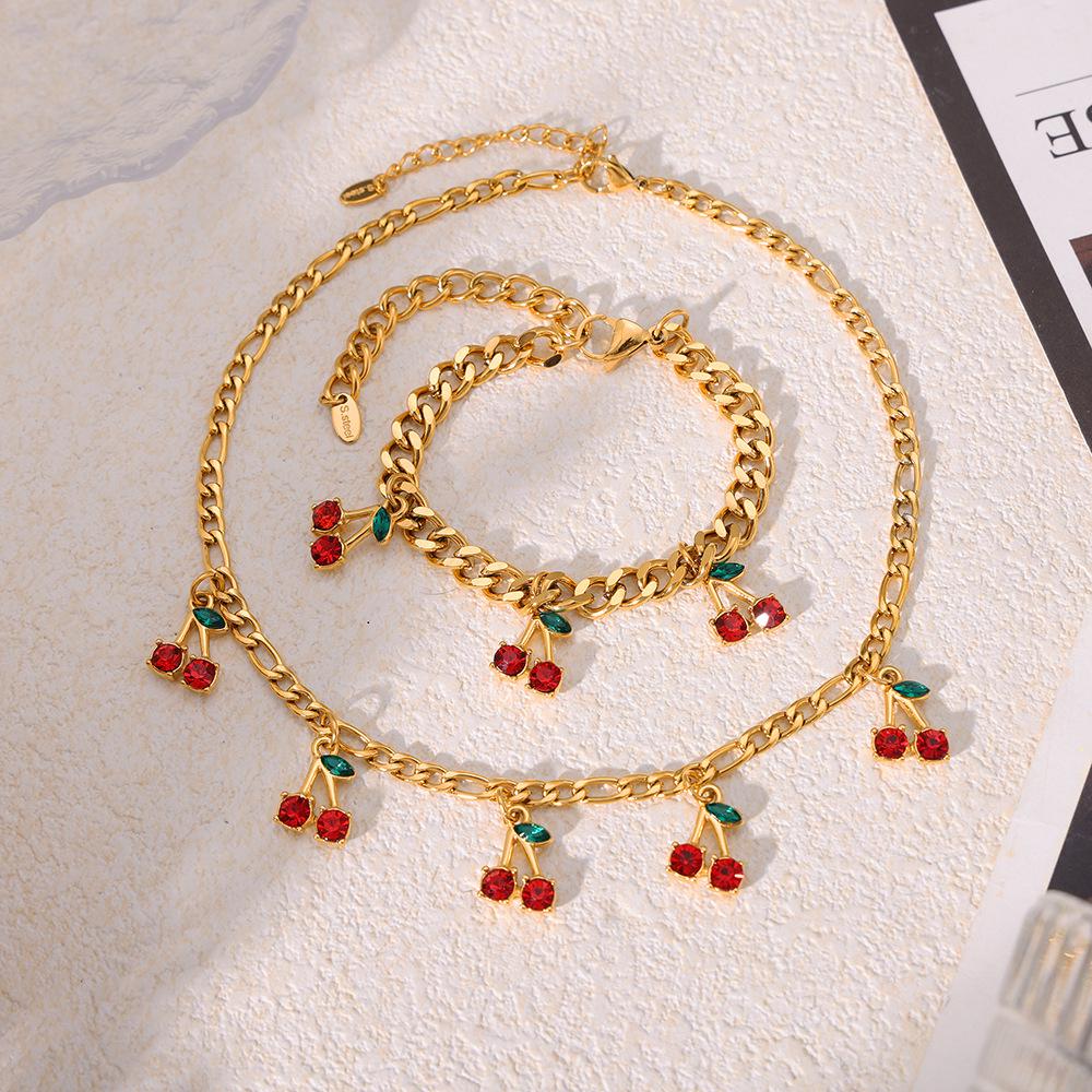 European & American Fashion: Creative Glass Rhinestone Red Cherry Necklace & Bracelet Set