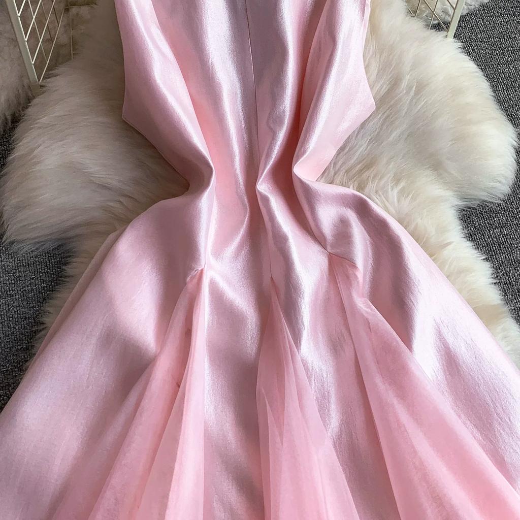 Summer New Sleeveless White Spliced Tulle Satin Maxi Dress Women‘s O Neck Slim Waist Ruched A Line Formal Wedding Evening Party Dress