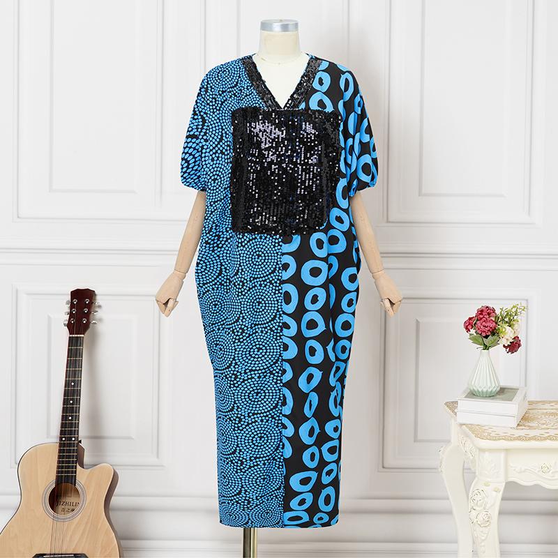 Oversized Women V Neck Half Sleeve Geometric Print Stitching Casual LooseDress