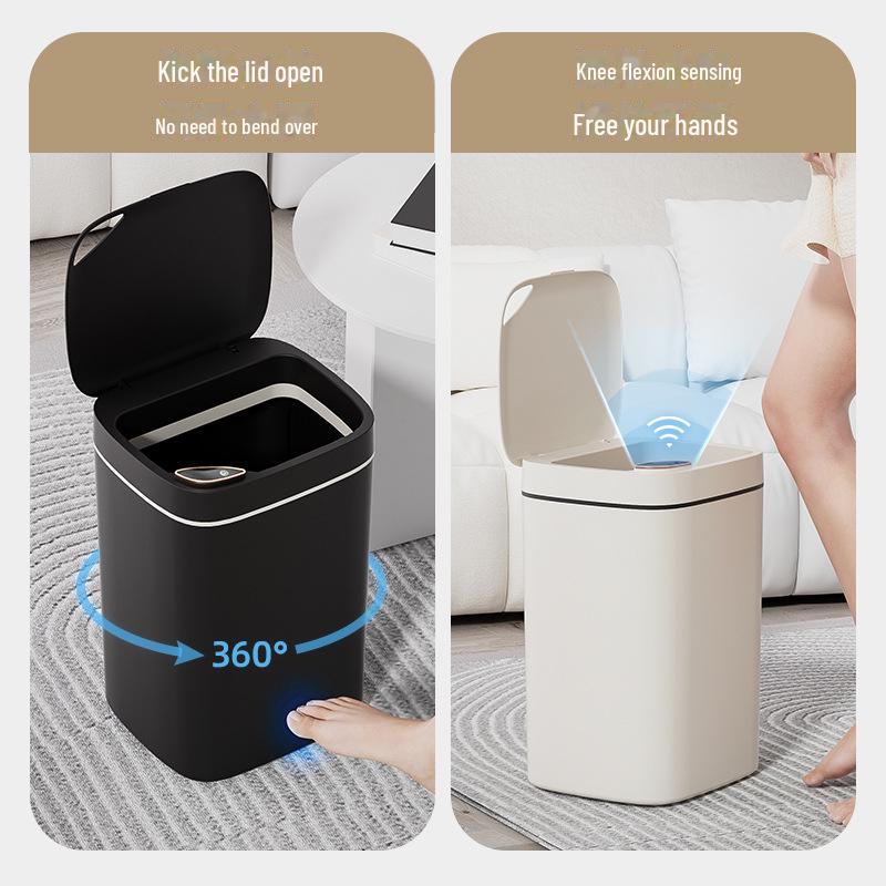 High-end smart household trash can with motion sensing, ideal for kitchen and bathroom. Deodorizing, spacious, and stylish design.