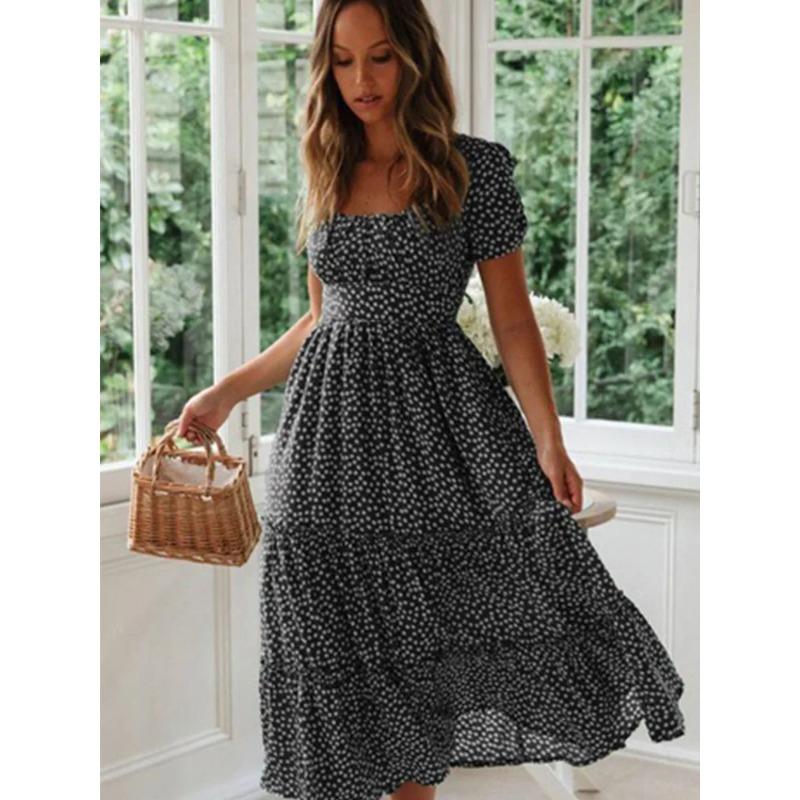 Vestidos Vintage Vintage Print Puff Sleeve Summer Beach Sweet Dresses Casual Square Collar Floral Maxi Long Dress