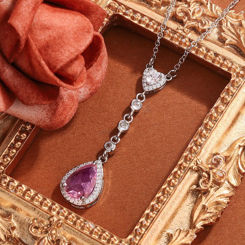 Diamond Necklace Collarbone Chain Simulation Drill Pear-Shaped Heart-Shaped Water Drop-Shaped Necklace Pink Female Zircon Long Color Treasure