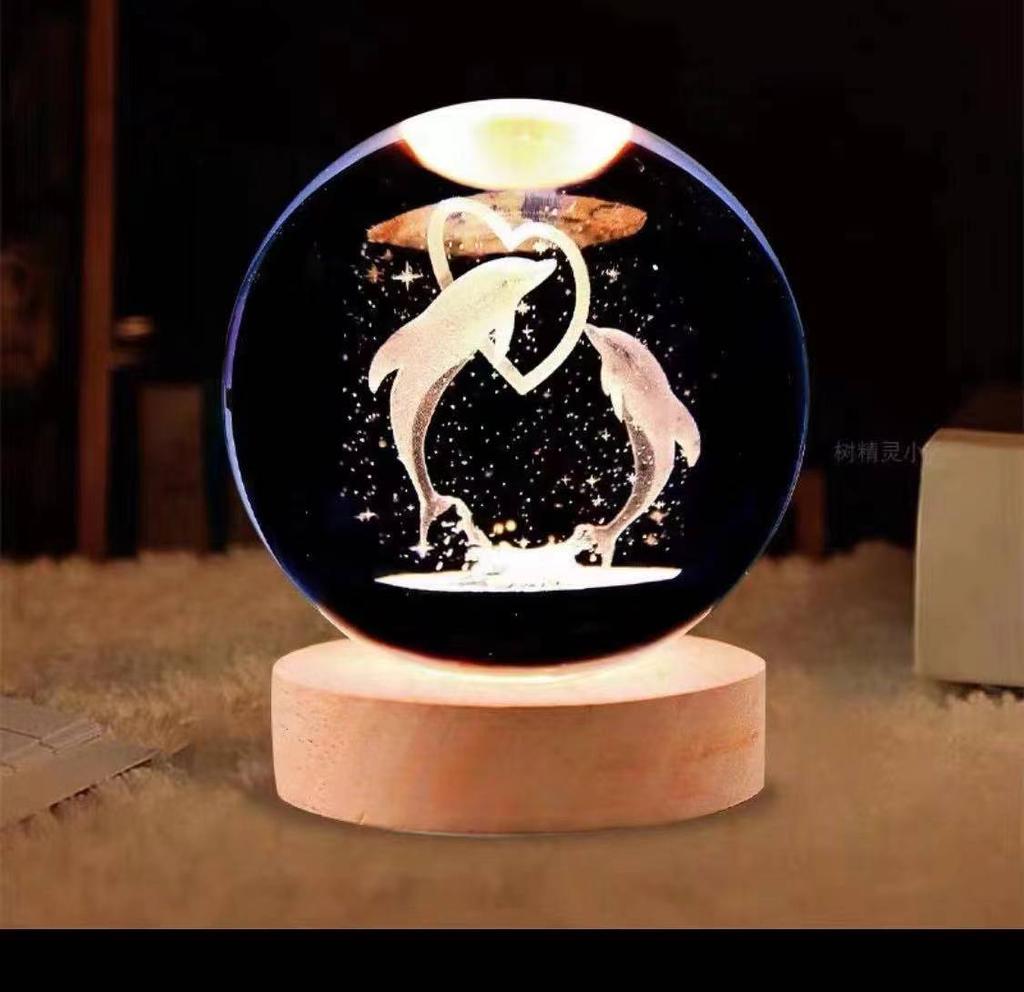 3D Crystal Ball Light Solar System Planet Pattern Crystal Ball Round Wooden Base Night Light for Kids Bedroom Table Desk Decor