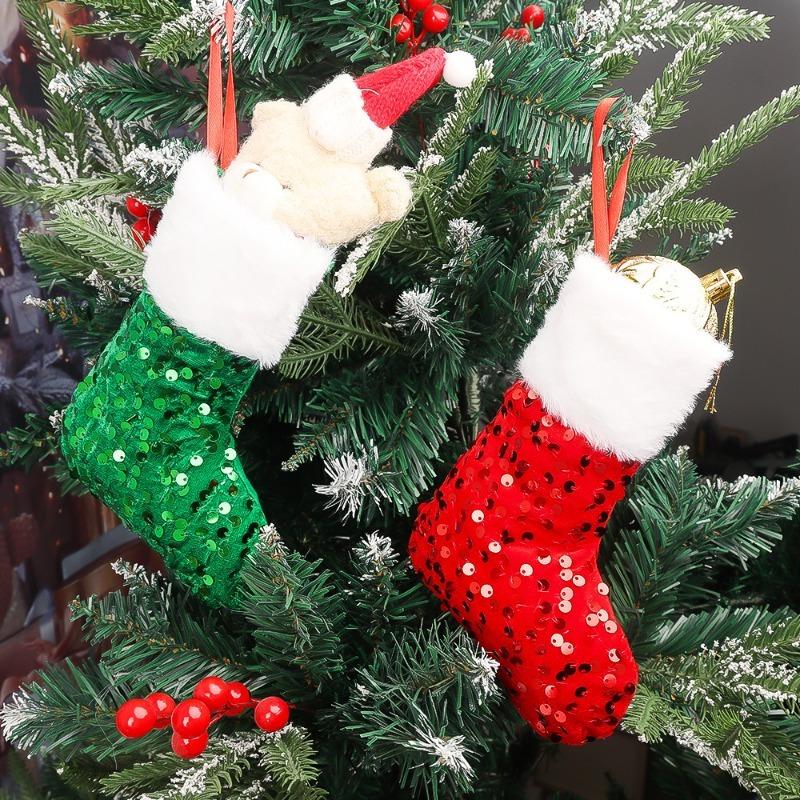 Glitter Christmas Stocking Pendant Plush White Border Sparkling Xmas Tree Decorations Candy Bags Home New Year Party Ornaments