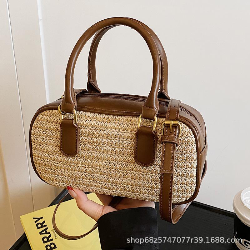 Niche Design Spring and Summer New Straw Box Bowling Bag 2025 New Versatile Splicing Shoulder Handbag Women