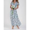Nuova Lunga Gonna da Spiaggia in Chiffon Floreale Manica Corta con Volant Scollo a V alla Moda Vestito con Cintura