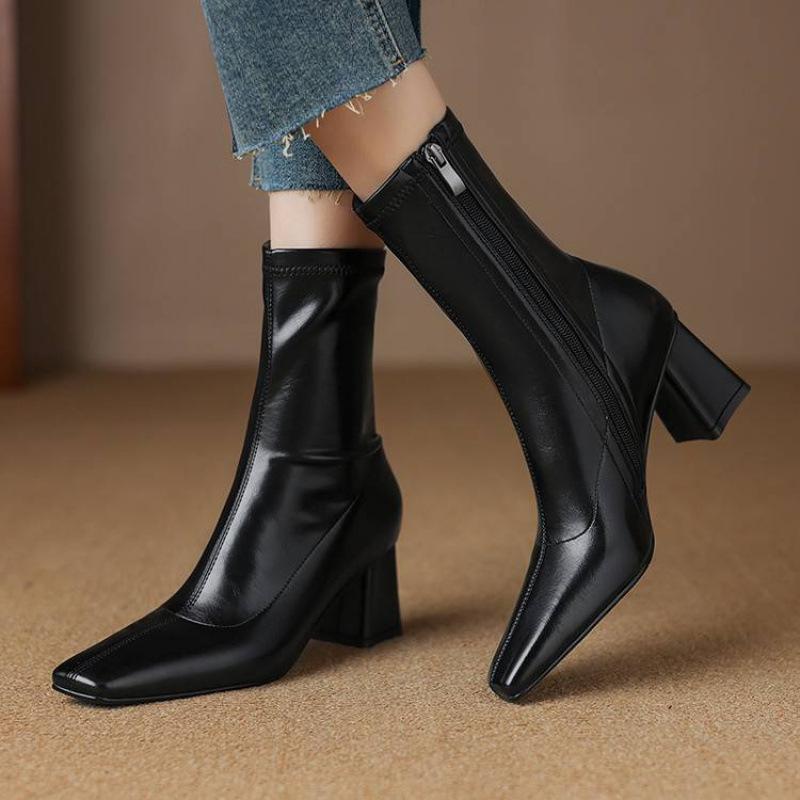New Women's Versatile Solid Color High Heel Women's Boots Coarse Heel Comfortable Zipper Square Head Knight Boots Autumn and Winter Medium Boots Wome