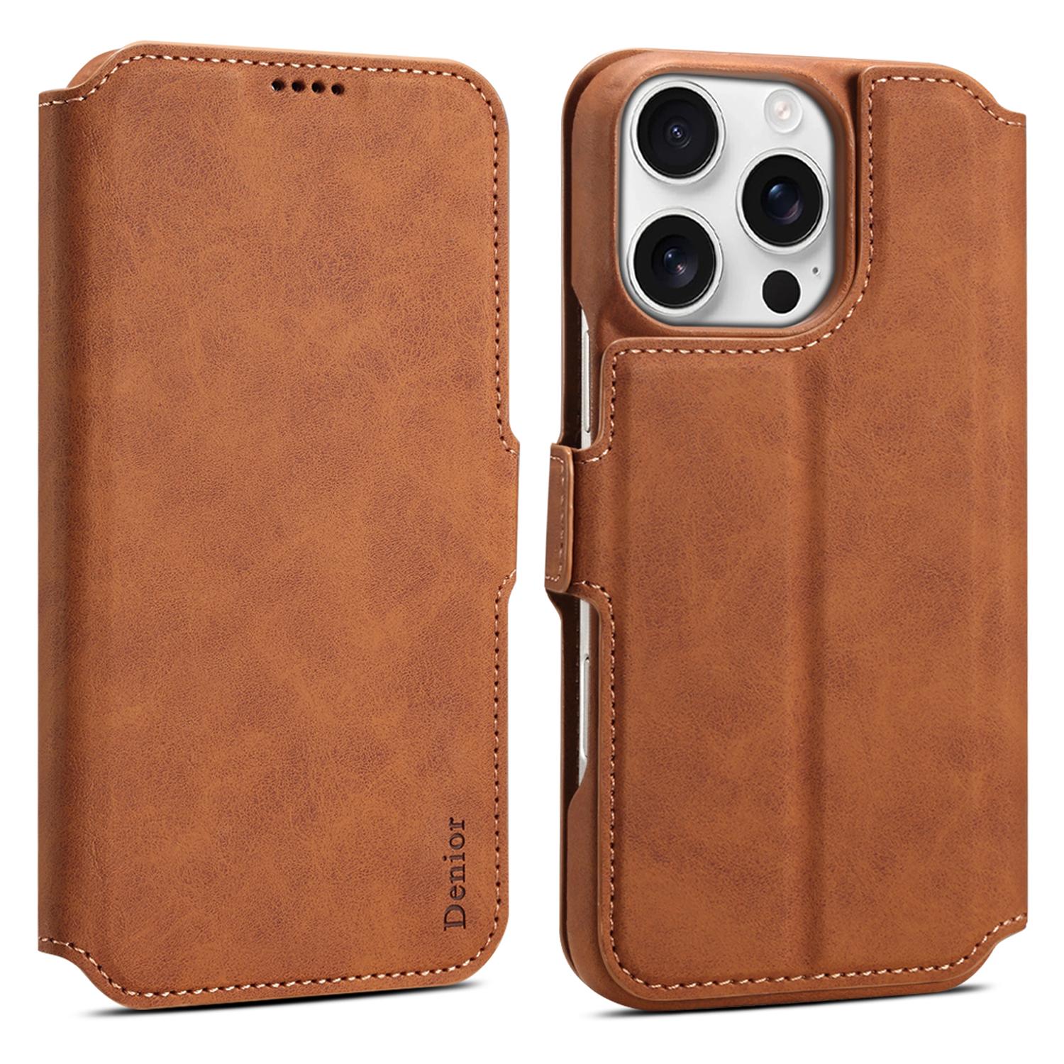 

DENIOR B07 For iPhone 16 Pro Case Leather+PC Magnetic Detachable Wallet Phone Cover Brown