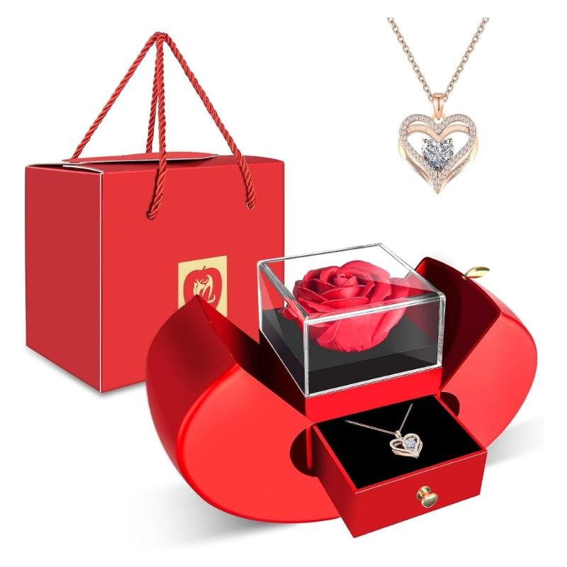 Preserved Flower Necklace Set In Box for Girlfriend Wife Anniversary Valentines Birhtday Gifts and Home Decoration