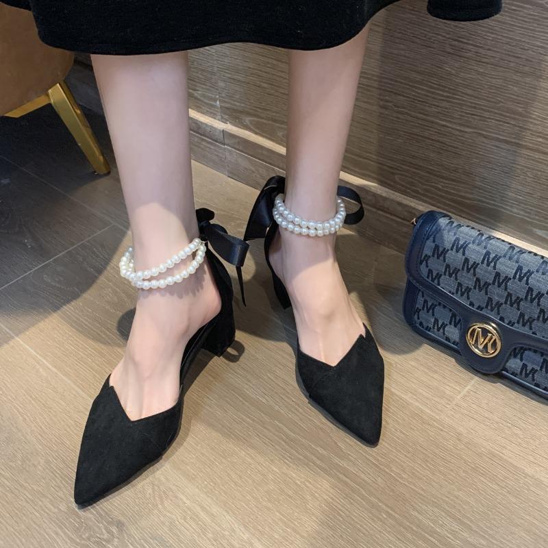 New Women's Versatile 5cm High Heel Shoes Fairy Style Mid-high Thick Heel Pointed Toe French Style Pearl Single Shoes