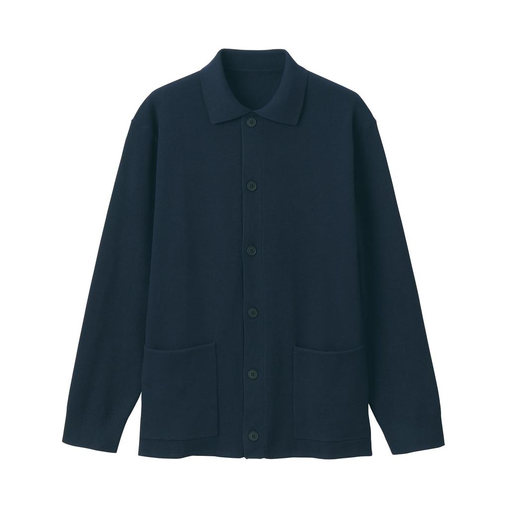 MUJI Men's Washable Milan Rib Knit Shirt Cardigan, Dark Navy, Size S (AA0RPA4A)