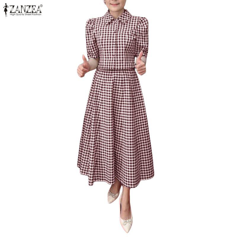 ZANZEA Women Short Sleeve Blouse and Long Skirts Plaid Print Two Piece Suit Sets