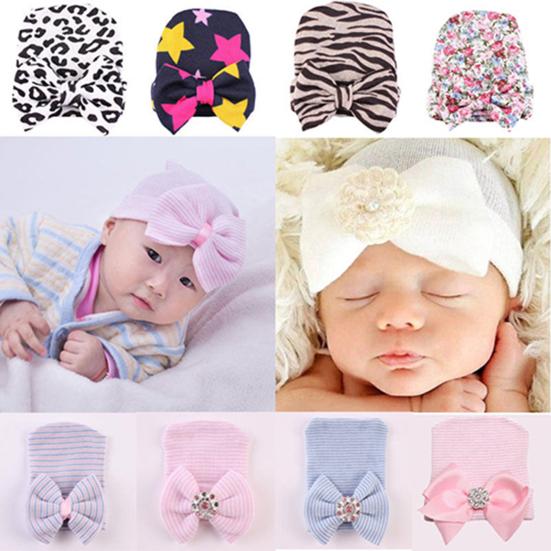 Baby Beanie Bowknot Rhinestone Cotton Soft Skin-friendly Knitted Hat for Party