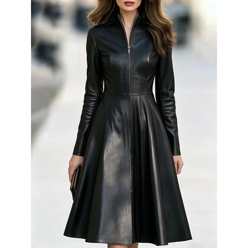 TIFICY Women's Fashion Spring Autumn Solid Color Print Long Sleeve Stand-Neck High Waist Casual Dresses