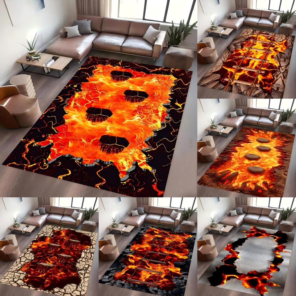 Lava Floor 3D Illusion Area Rug – Cracked Earth Wooden Bridge Themed Carpet – Bold Fire Lava Pattern for Game Room Bedroom