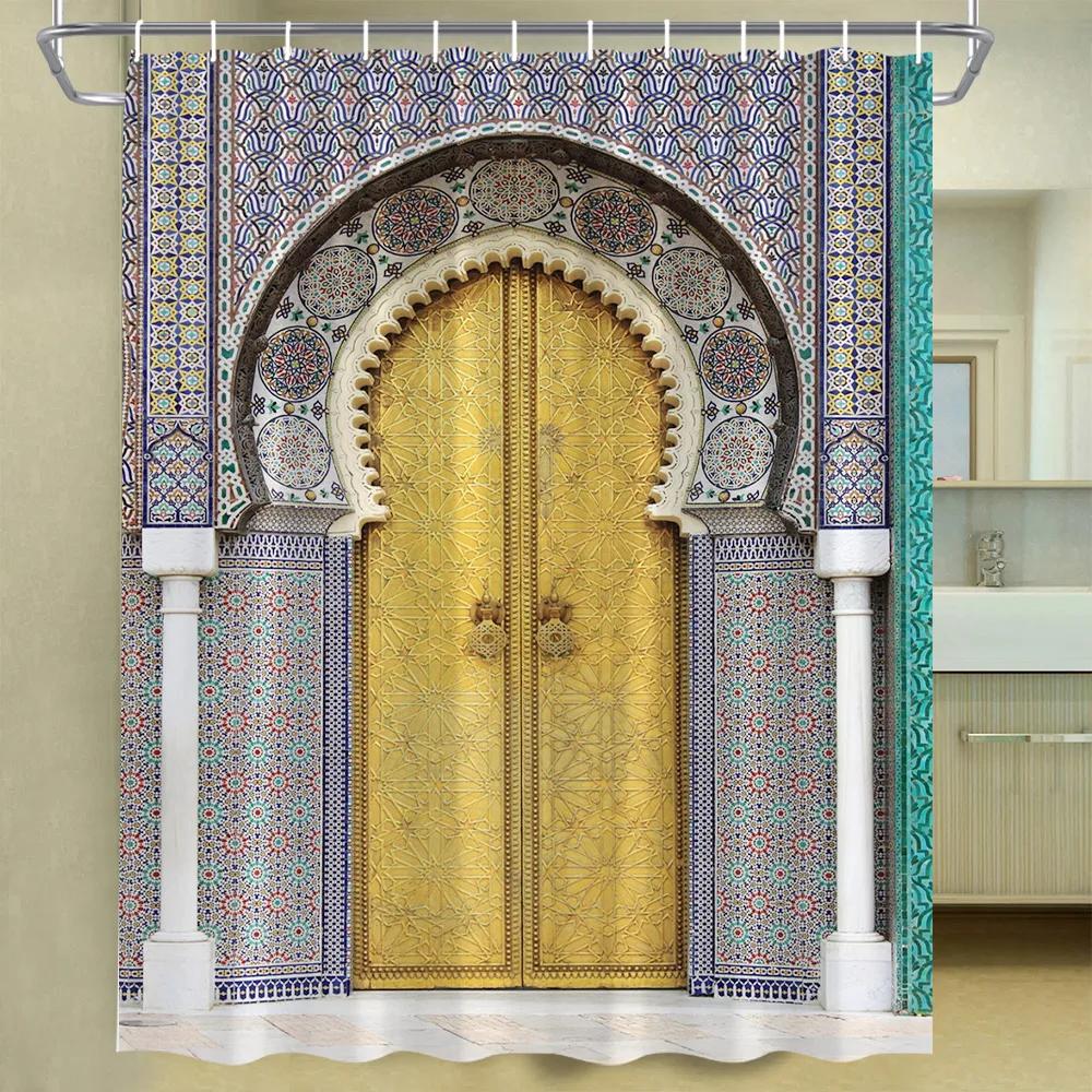 

Vintage Moroccan Arch Door Shower Curtain Islamic Antique Door Geometric Pattern Polyester Bathroom Accessories Bathroom Decor W90XH180cm