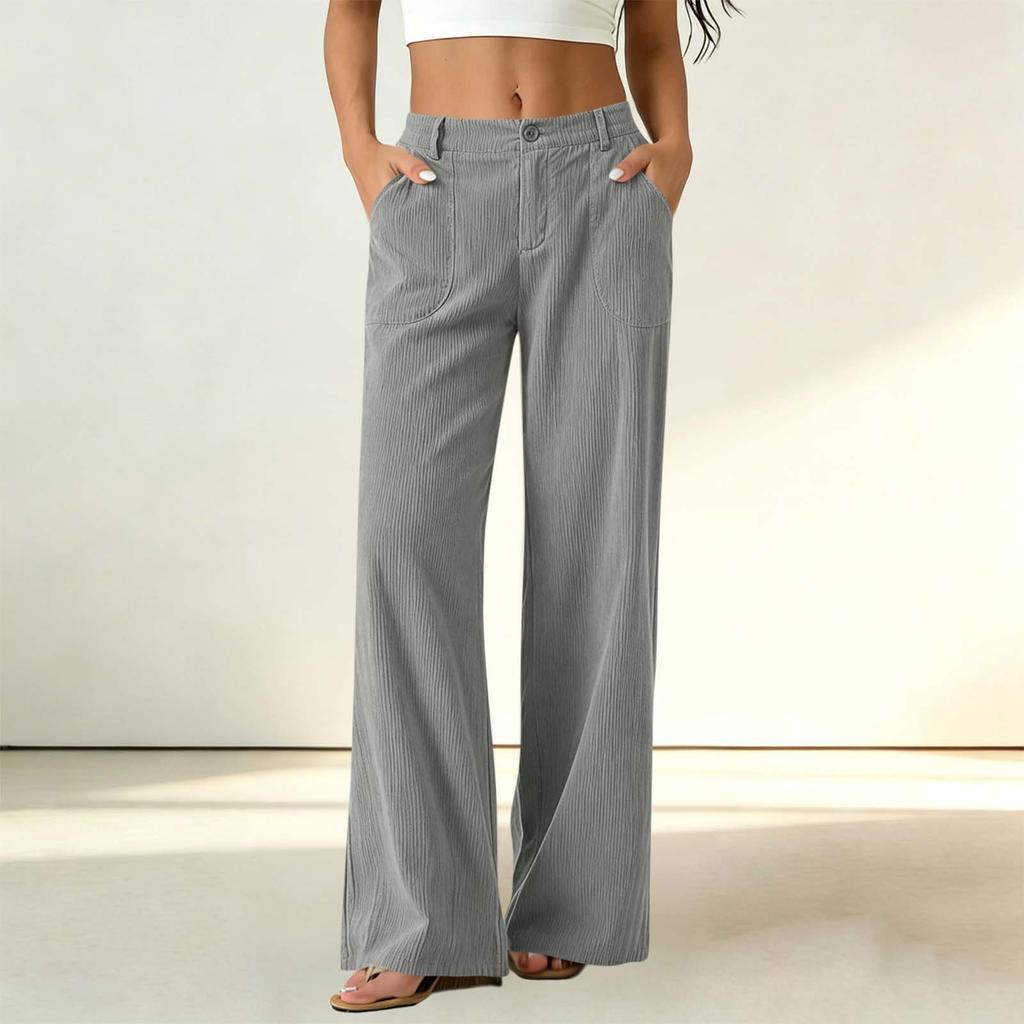 Women's Corduroy Dress Pants with Elastic Waist and Single Button Closure, Color Work Trousers