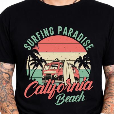 Surfing Paradise California Beach Graphic T-Shirt Retro Surf Palm Tree Tee Van